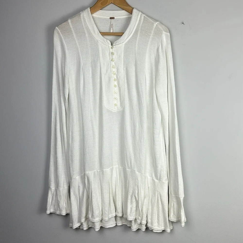 Free People Your Girl White Flounce Hem Textured Tunic Top Size S Mini Dress